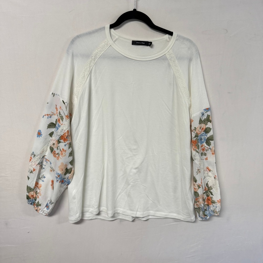 Doe & Rae Cream Floral Contrast Lace Trim Long Sleeve Top 1XL